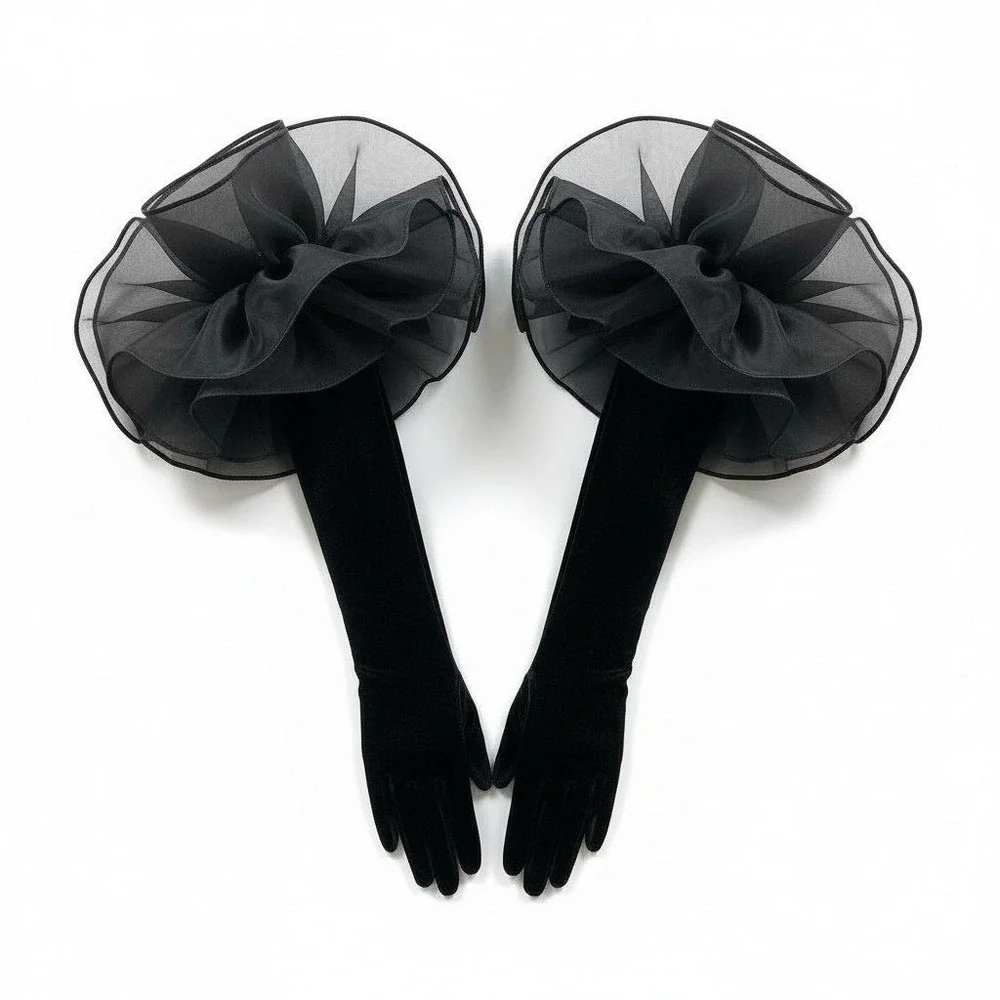 New Black Velvet Opera Evening Gloves Large Tulle Puff Vintage Style Long Formal